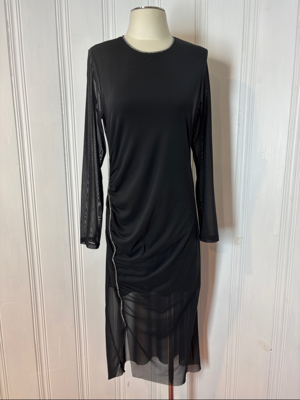 AllSaints Nora Sparkle Black Mesh Dress w/ Rhinestone Trim US 12